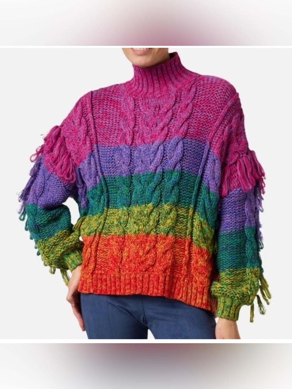 NWT Farm Rio Yarn Fringed Multicolor Turtle Neck Sweater
